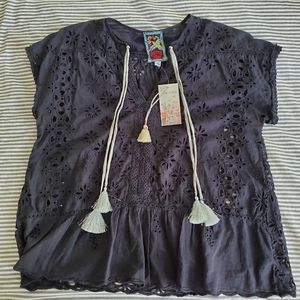 Johnny Was Jurnee Eyelet Tassel Crop Top Blouse